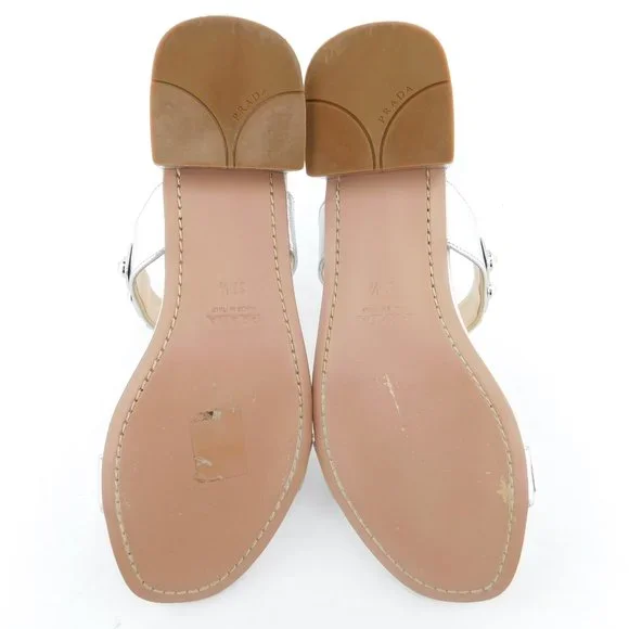 PRADA Crystal Embellished Silver Saffiano T-Strap Block Heel Slide Sandals 37.5 - Picture 9 of 10